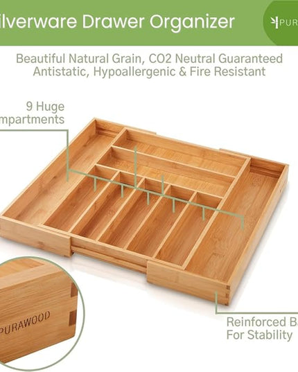 Bamboo Drawer Organizer, 2 Pack - Expandable Silverware Organizer & Utensil Drawer Organizer, Cutlery Tray with Dividers, 7-9 Slots- Premium Kitchen Organizer for Utensils & Flatware (Natural)