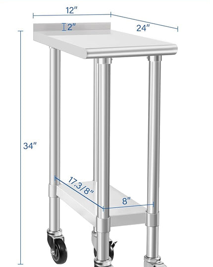 HARDURA Stainless Steel Commercial Work Table with Wheels Prep & Work Metal Table 24×12 Inches Heavy Duty NSF with Casters and 2" Backsplash