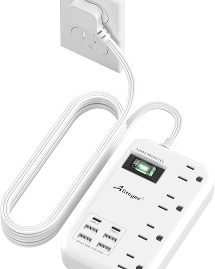 Alitayee 6 USB(2 USB C) Surge Protector Power Strip- Travel Power Strip with 24W USB Charging Station and 4 Extendable Outlet Extender, 6Ft Flat Extension Cord with Wall Mounted for Travel Home Dorm
