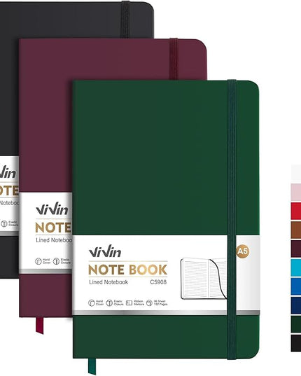 ViVin Lined Journal Notebooks, 3 Pack, (Black, Burgundy, Dark Green), 192 Pages, Medium 5.5 x 8.3 inch, College Ruled, A5 Hardcover Notebooks, Journaling Notebooks for Work, Writing, School