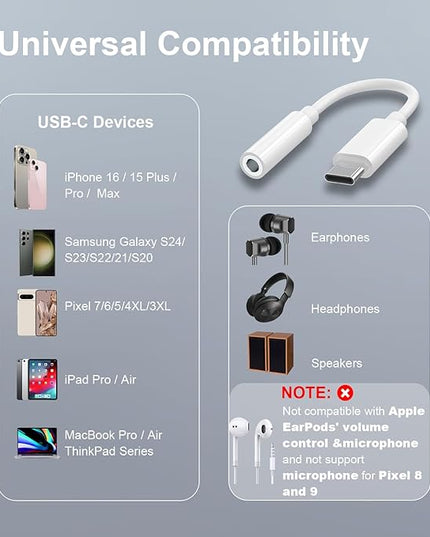 2 Pack USB C to 3.5mm Headphone Jack Adapter, USB C to Aux Audio Dongle Cable Cord Compatible with iPhone 17/16/15 Pro/15 Pro Max, iPad Pro, MacBook, Samsung S21-24, Pixel 7/6/5