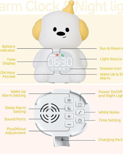 Alarm Clock for Kids with Night Light, Sleep Training Clock Time to Wake Clock, Rechargeable Silicone Light for Bedroom, Perfect Sleep Companion for Boys Girls,Dog