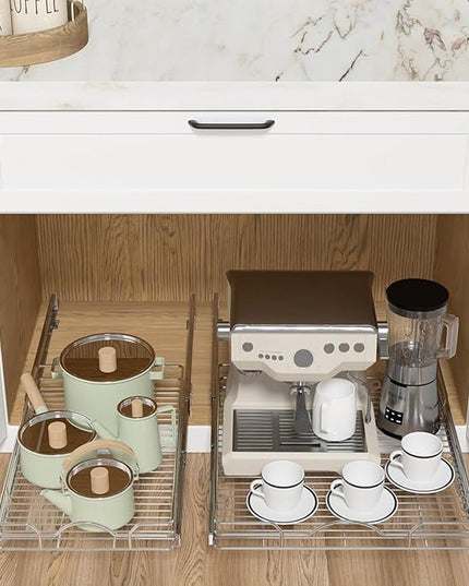 OCG Pull Out Cabinet Organizer (17.75" W x 17" D), Pull Out Drawers, Cabinet Pull Out Shelves for Base Cabinet Organization in Kitchen Bathroom Pantry, Bottom Mount, Chrome Finish