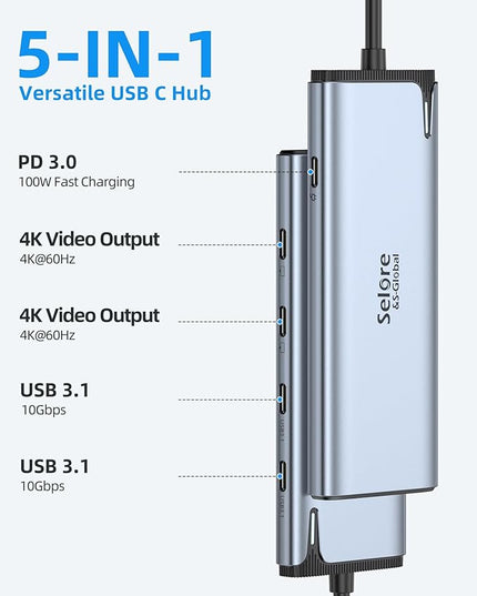 Selore&S-Global USB C Splitter with 4K/60Hz Video Output,USB C Hub Dual Monitor with DP Alt Mode,10Gbps Data Transfer,100W PD,Docking Station Dual Monitor for Windows Laptop,Portable Monitors