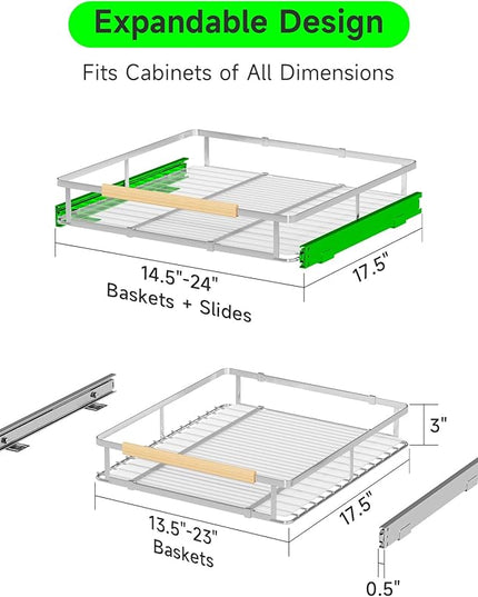 SOFRON Expandable Pull Out Drawers for Cabinets, Kitchen Cabinet Slide Out Shelves, Adjustable Roll Out Drawers, Stainless Steel, Medium 2 Pack, (14.5"-24") Width x 17.5" Depth