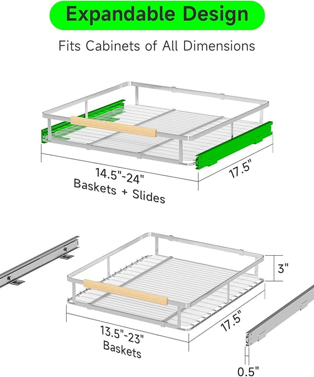 SOFRON Expandable Pull Out Drawers for Cabinets, Kitchen Cabinet Slide Out Shelves, Adjustable Roll Out Drawers, Stainless Steel, Medium 2 Pack, (14.5"-24") Width x 17.5" Depth