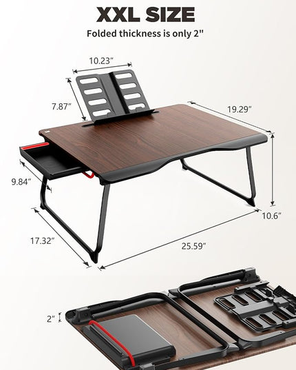 Laptop Desk for Bed, SAIJI XX-Large Foldable Bed Tray Table for Eating Breakfast, Writing, Working, Gaming, Drawing with Storage Drawer, Handrest Bookstand, Tablet Stand, Phone Stand(Black Cherry)