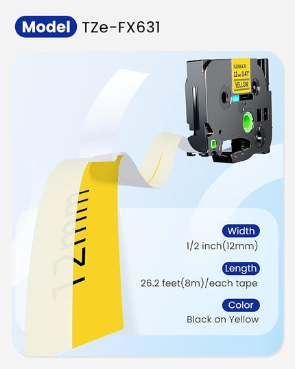 Replacement for Brother Flexible-ID TZe-FX631 12mm 0.47'' Laminated Black on Yellow P Touch TZe TZ Flexible Cable Wire Tape for PT-D200 PT-D220 PT-D210 PT-H110 PT-D400 PT-D600, 1/2" x 26.2', 4-Pack