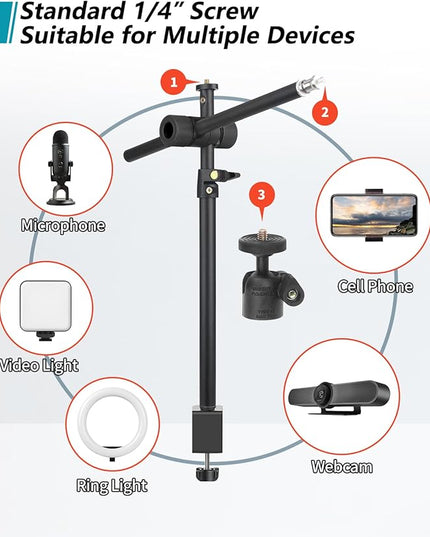 Overhead Camera Mount Desk Stand, Camera Arm Desk Mount Clamp Stand with 360°Adjustable Magic Arm, Webcam Arm Mount Stand w Ballhead Phone Mount for Desk Logitech Microphone Video Light Cell Phone
