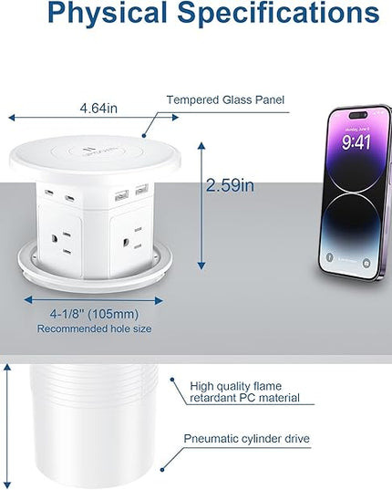 9-in-1 Pop-Up Outlet with Wireless Charging – 4 AC & 4 USB Ports, 2500W Overload Protection, 100-240V Global Voltage, 4-1/8" Cutout – Hidden Countertop Power Hub for Kitchen, Office, etc.（2-Pack）