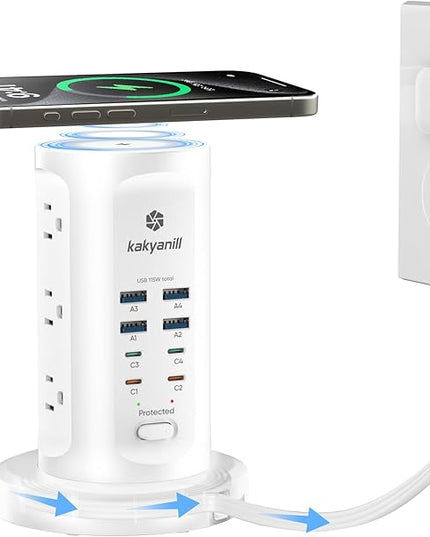 115W USB Charging Station, Surge Protector Power Strip Tower, 9 AC Outlets with 8 USB Ports(4 USB-C), 6Ft Flat Plug Retractable Extension Cord, for Home Office Dorm, White
