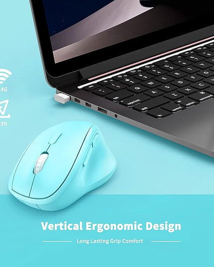 Ergonomic Wireless Mouse with USB Receiver for PC Computer, Laptop and Desktop, Ergo Mouse Vertical with Silent Clicks Long Battery Life, Up to 1600 DPI & 1 AA Battery Powered, Blue