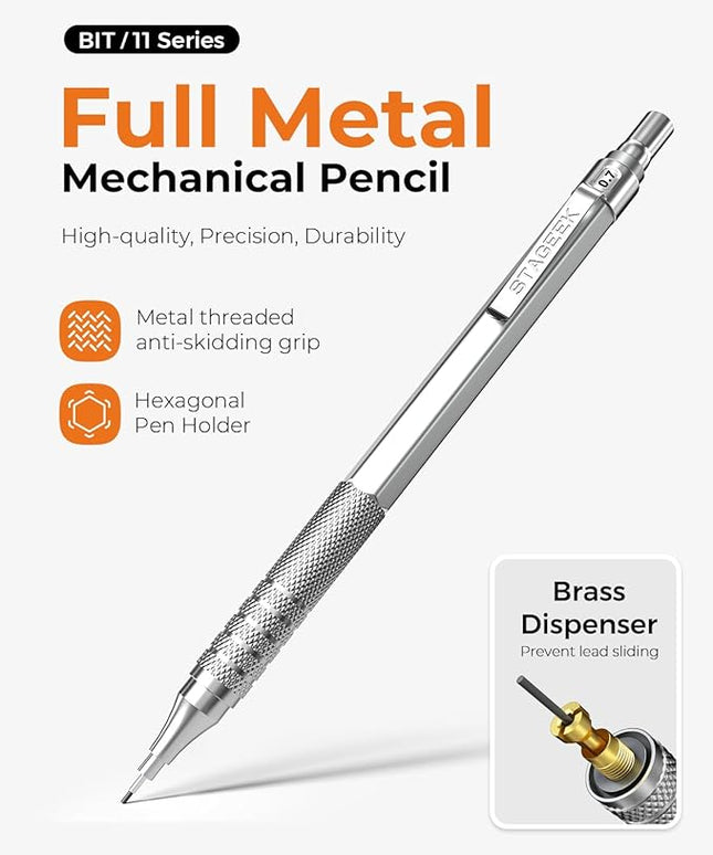 STAGEEK Metal Mechanical Pencil Set in Leather Case, 5PCS Art Drafting Pencil 0.3, 0.5, 0.7, 0.9 & 2mm Lead Holder, 9 Tube (4B 2B HB 2H Colors) Lead Refills for Drawing, Sketching, Writing (Silver)