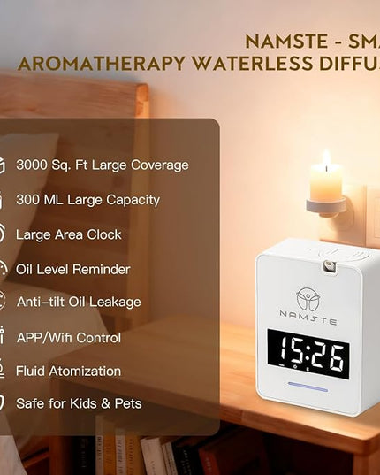 Namste Waterless Diffuser - HVAC System Essential Oil Diffuser with Clock - Whole House & Hotel Coverage 3000 Sq. Ft, 300ML Scent Machine Smart Oil Level Monitoring, Bluetooth Control, Cold Air Tech