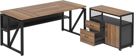 Tribesigns 63" Executive Desk with Reversible File Cabinet, Large L-Shaped Office Desk with Drawers, Business Furniture Workstation for Home Office