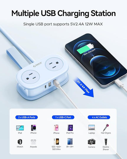 Travel Power Strip with USB C, ORICO 4 Outlets 3 USB Ports (1 USB C) with 4FT Wrapped Short Extension Cord Small Power Strip, Non Surge Protector for Travel, Cruise Ship-AP3