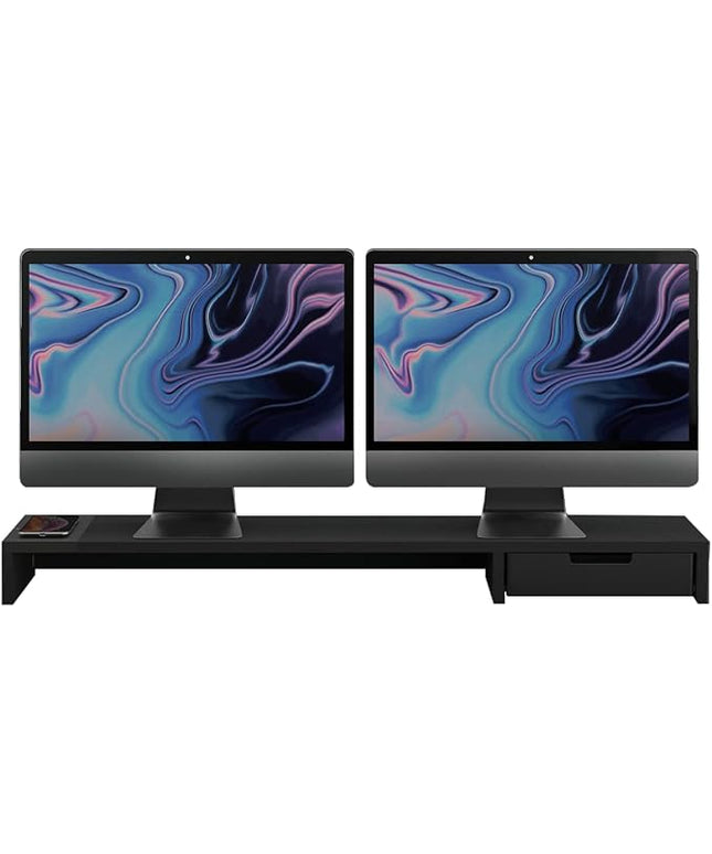 POUT E9 Dual Monitor Stand with Drawer - Wireless Charger and USB Hub (Deep Black)