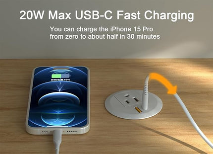 Desktop Power Grommet,2-inch Hole,10ft Cord,20W USB C Fast Charging Station,Round Recessed Outlet,2-USB Port,Flush Mount,Flat Plug,White