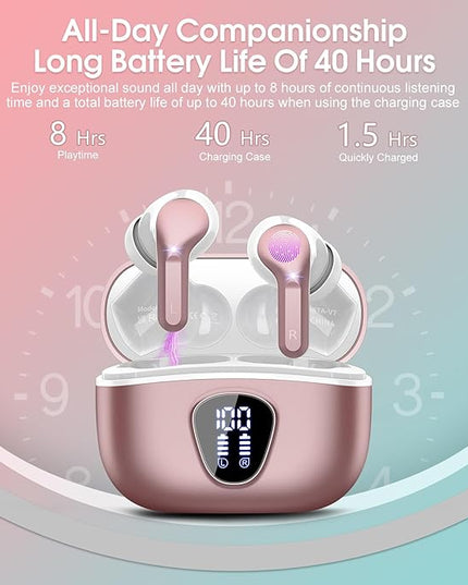 Wireless Earbuds, Bluetooth 5.4 Headphones HiFi Stereo, Bluetooth Earbuds with ENC Noise Cancelling Mic, IP7 Waterproof in Ear Earphones, 48H, LED Display Ear buds for Pad Workout Sports, Rose Gold