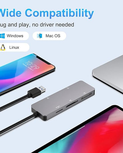 6-in-1 USB3.0 Multi Card Reader, USB 3.0 Memory Card Reader for SD SDXC SDHC Micro SD CF XD M2 MS MMC Camera Memory Card, Multi USB Card Reader/Writer(5Gbps) SD Card Reader for Windows,Mac OS,Linux