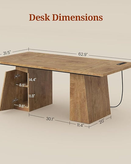 63 in Executive Desk with Power Outlets, Modern Home Office Desk with Storage Cabinet, Wood Computer Desk Business Workstation Desk Conference Table (Oak)