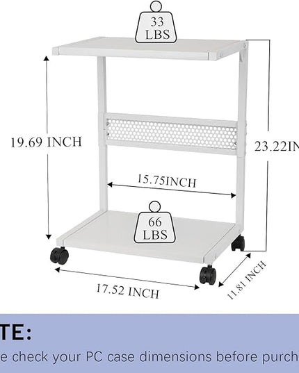 PC Stand Computer Tower Stand 2-Tier Metal CPU Holder with Locking Caster Wheels Suitable for Most PC (S,White)
