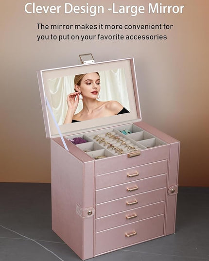 BOOVO Jewelry Box For women, 6 Layer Large Jewelry Organizer With Mirror, Multi-Function Storage Box With Lock, Necklace Holder With 5 Drawers, For Earrings Necklace Bracelet (Rose Gold and Gold)