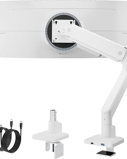monTEK Single Monitor Arm with USB for Max 45 Inch Ultrawide Screens Adjustable Monitor Desk Mount Holds 35 Lbs Cable Management with C Clamp/Grommet Desk Mount, VESA 75/100mm, MA1007UCWH