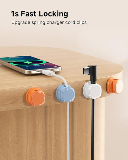 9 Pack Cord Organizer, Spring Cable Management, Adhesive Cute Cable Holder Clips, Phone Charger Wire Keeper for Desk Nightstand Car Office (9-Pack White_Orange_Blue)