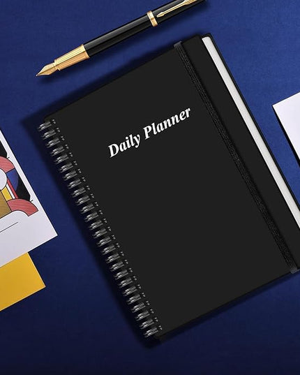 Daily Planner Undated - B5 To Do List Notebook Hourly Schedules, Spiral Appointment Planner for Women and Men, PVC Hardcover, Inner Pocket, Elastic Closure, 7" x 10", Black