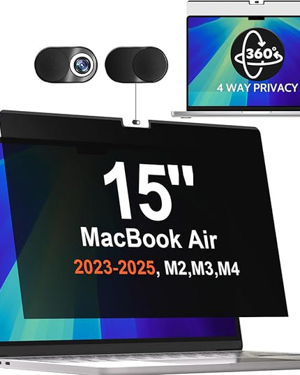 Magnetic 360° Privacy Screen for Macbook Air 15 Inch (2023-2025, M2, M3, M4)), Removable Anti Glare Blue Light Filter, 4 Way Anti Spy Black Protector for Mac Air 15In Laptop Computer