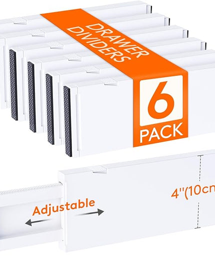 Lifewit 6 Pack Drawer Dividers for Clothes, 10.9-16" Adjustable Drawer Organizers, 4" High Plastic Expandable Drawer Separators in Bedroom/Office/Bathroom/Kitchen Storage, White
