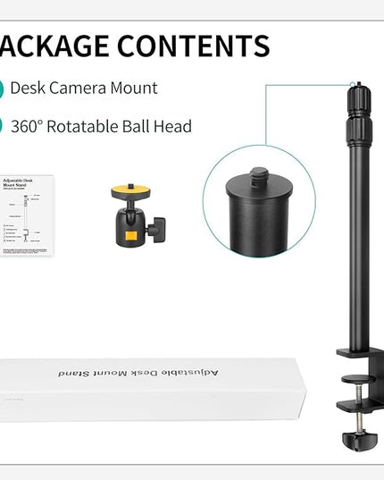 Camera Desk Mount Table Stand with Ball Head, Adjustable Light Stand with 1/4" Screw & C Clamp for DSLR Camera, Ring Light, Live Streaming, Photo Video Shooting