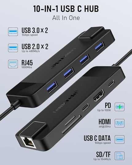 USB C Docking Station - 10 in 1 with Gigabit Ethernet, 4K HDMI, 4*USB A 3.0/2.0, 100w PD, USB-C 3.0, SD/TF USB Hub Multiport Adapter for MacBook Pro/Air