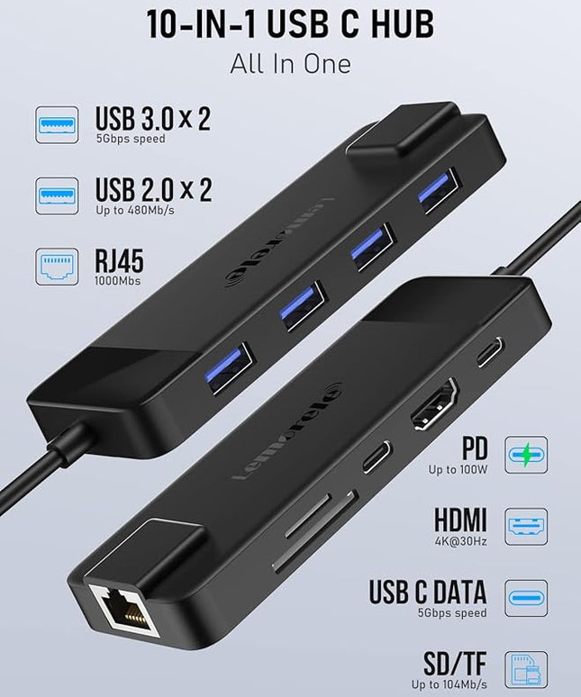 Lemorele USB C Hub Multiport Adapter 10-in-1 USB C Dongle for MacBook Pro Air, Gigabit Ethernet with 4K HDMI, 100W PD, USB 3.0 5Gbps Port, SD/TF Card Reader Adapter, Compatible for Windows/Mac/iPad…