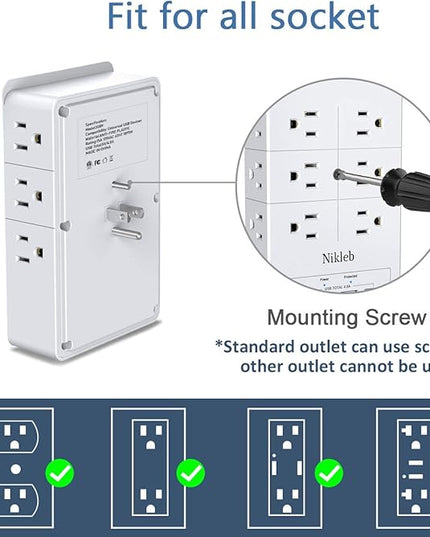Multi Plug Outlet Surge Protector Nikleb, 12 Electrical Outlets Extender with 4 USB Charging Ports Total 4.8A, Wall Plug Expander 3 Prong for Room, Office, Gaming, Cord Organizer Accessories