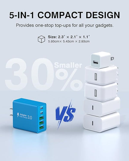 [2-Pack] USB C Wall Charger, 60W USB C Charger Block 5-Port PD Fast Charging Blocks,2USB C+3USB A Multiport Plug,Type C Power Adapter Brick Cube for iPhone17/16/15/14/Pro,iPad,Samsung,for Switch（Blue）