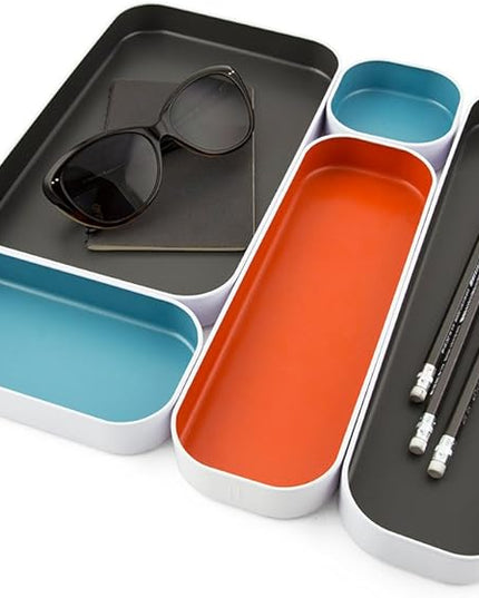Three by Three Seattle 5 Piece Metal Organizer Tray Set for Storing Makeup, Stationery, Utensils, and More in Office Desk, Kitchen and Bathroom Drawers (1 Inch, Gray, Sky Blue, Orange)