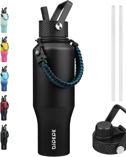 BJPKPK Insulated Water Bottles with Straw Lid, 35oz Metal Water Bottle with 2 lids & Paracord Strap, Double Wall Stainless Steel Vacuum Tumblers, Cups, Mugs, Thermo for Hot& Cold Drinks, Black