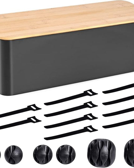 Cable Management Box - Wooden Style Large Cord Organizer to Hide Wires & Power Strips | Desk Computer Cable Organizer | Safe ABS Material | 16" (L) x 6.2" (W) 5.3" (H) | for Home & Office - Black