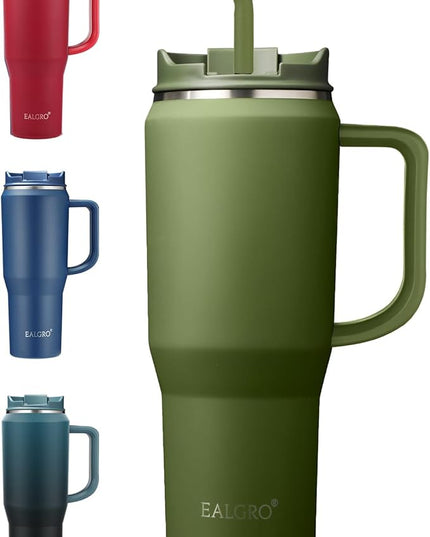 40 oz Tumbler with Handle, Insulated Tumblers with Lid and Straw, Large Metal Sports Water Bottle Jug, Thermal Stainless Steel Travel Coffee Mug Cup, Army Green