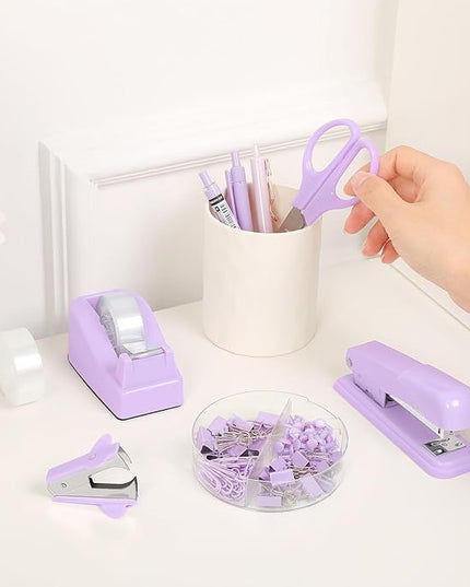 SKYDUE Purple Desk Accessories, Purple Office Supplies Set, Stapler, Tape Dispenser, Scissors, Binder/Paper Clips and 1000pcs Staples,Office Supplies for Women