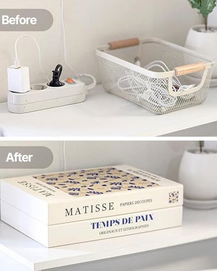Book Shape Decorative Cable Management Box - Expandable Cable Organizer Box with Magnetic Closure for Home & Office (Gogh Monet, Large)