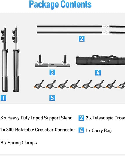 EMART Back Drop Adjustable Stand, 10x20 Backdrop Stand Heavy Duty Photography Background Support System Kit with 300° Angle Rotatable Connector and 8 Spring Clamps for Parties, Wedding, Photo Studio