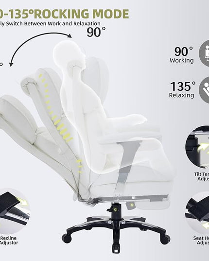 Efomao White Big and Tall Office Chair with Footrest – Ergonomic High-Back Computer Chair with Adjustable Armrests, Wide Seat – Modern Home Office, Gaming & Study Chair for Young Professionals