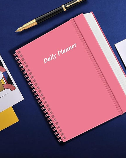 Daily Planner Undated - A4 To Do List Notebook Hourly Schedules, Spiral Appointment Planner for Women and Men,PVC Hardcover, Inner Pocket, Elastic Closure, 8.5" x 11", Pink