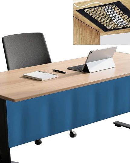 Icegrey 56" Under Desk Privacy Panel with Cable Management Organizer Net Self-Adhesive Modesty Panel for Cord Organizer Pockets and Desk Skirt for Home Office or Standing Workstation, Dark Blue
