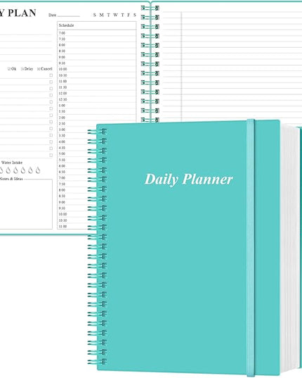 Daily Planner Undated - A4 To Do List Notebook Hourly Schedules, Spiral Appointment Planner for Women and Men,PVC Hardcover, Inner Pocket, Elastic Closure, 8.5" x 11", Teal