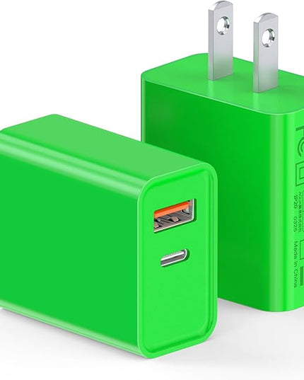 LCGENS 2-Pack USB C Wall Charger, 20W Type C Fast Charger Block Plug Dual Port PD + QC3.0 USB A Charging Brick Cube for iPhone 16/15/14, iPad,Galaxy S25/24, Google Pixel, Motorola,(Bright Green)