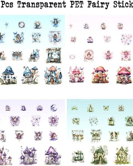 Dwpetzo Scrapbook Fairy Stickers for Scrapbooking Supplies, 80 Pcs Transparent PET Forest Mushroom House Scenery Stickers Ephemera for Junk Journals, Journaling, Collage, Art Crafts